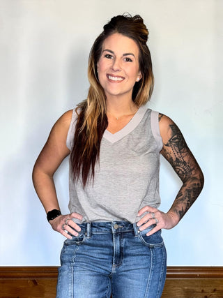 Gray Ribbed V Neck Tank