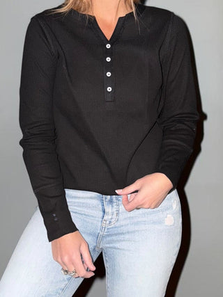 Black Split Buttoned Waffle Knit Henley