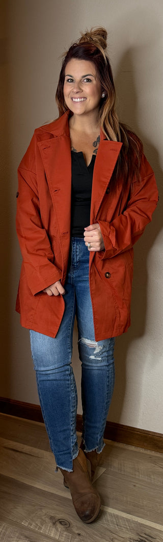 Rust Buttoned Oversized Trench Coat With Pockets