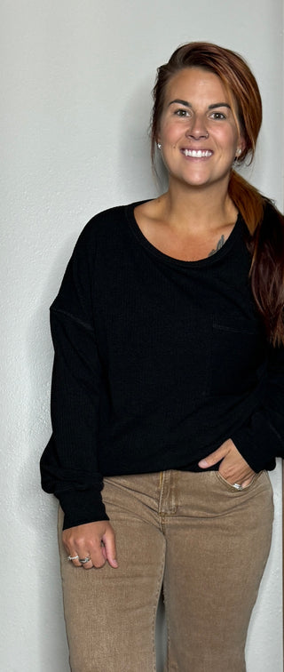 Black Ribbed Long Sleeve Top