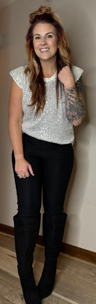 White Rounded Neck Sequin Tee