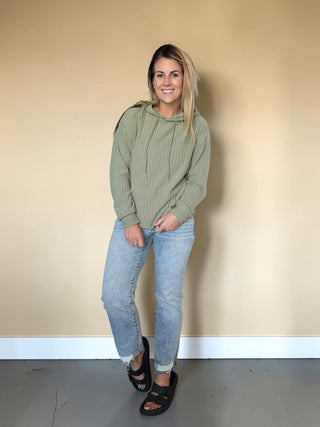 Light Green Ribbed Drawstring Hoodie