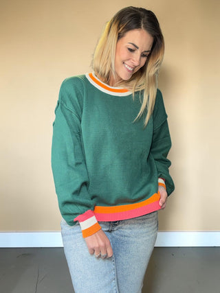 Hunter Green Colorblock Retro Striped Sweater