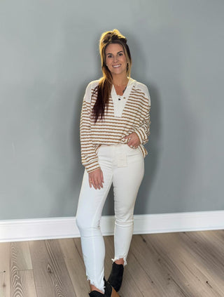 Cream & Brown Striped Long Sleeve Hooded Top