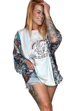 Western Asymmetric Sleeve Peace Desert Graphic Top