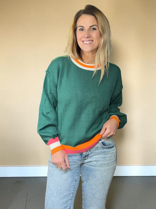 Hunter Green Colorblock Retro Striped Sweater
