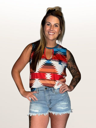 Western Print Cutout Neck Tanktop