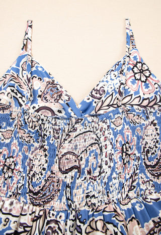 Blue Paisley Print Smocked Back Spaghetti Strap Long Dress