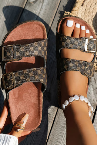 Coffee Geometric Print Cut Out Buckle PU Leather Sandals