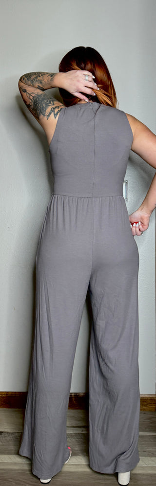 Gray Sleeveless Waist Detail Jumpsuit