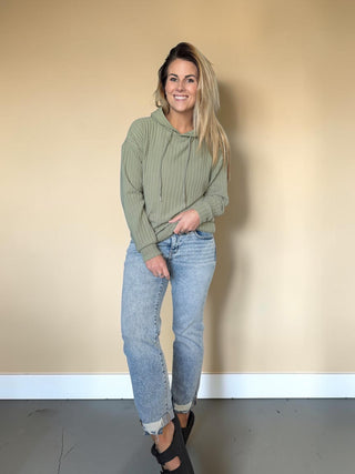 Light Green Ribbed Drawstring Hoodie