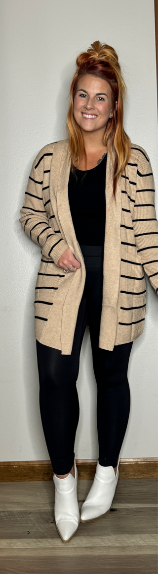 Beige Striped Cardigan with Pockets