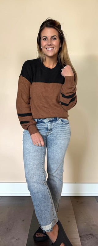 Brown Color Block Knit Striped Sleeve Sweater