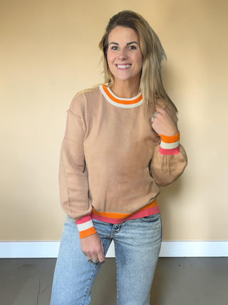 Tan Colorblock Retro Striped Sweater
