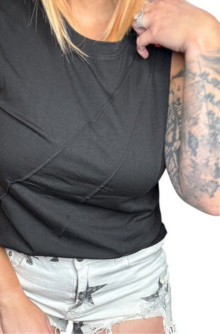 Black Pleated Crew Neck Tank