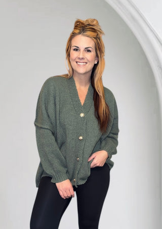 Green Oversized Button Cardigan Sweater