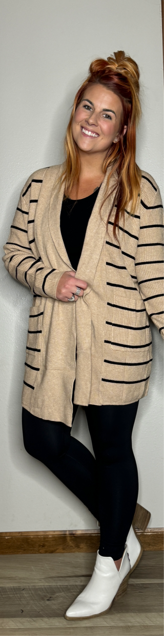 Beige Striped Cardigan with Pockets