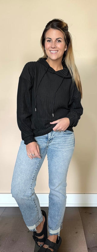 Black Ribbed Drawstring Hoodie