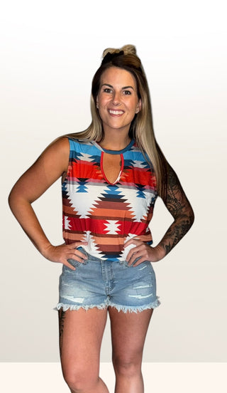 Western Print Cutout Neck Tanktop