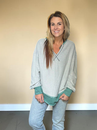 Gray Long Sleeve Top With Green Trim Detail