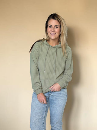 Light Green Ribbed Drawstring Hoodie