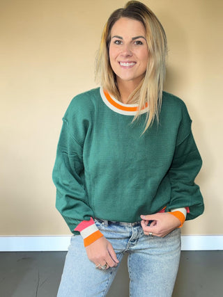 Hunter Green Colorblock Retro Striped Sweater