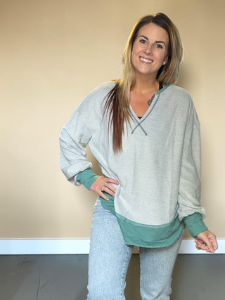 Gray Long Sleeve Top With Green Trim Detail