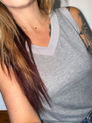 Gray Ribbed V Neck Tank