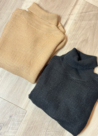 Black Textured Turtleneck Short Sleeve Sweater