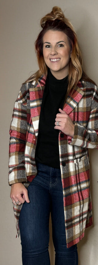 Soft Red Plaid Button Up Jacket