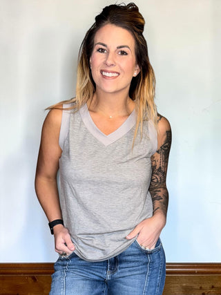 Gray Ribbed V Neck Tank