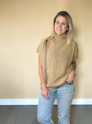 Khaki Textured Turtleneck Short Sleeve Sweater