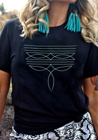Black Geometric Western Style Embroidered Tee