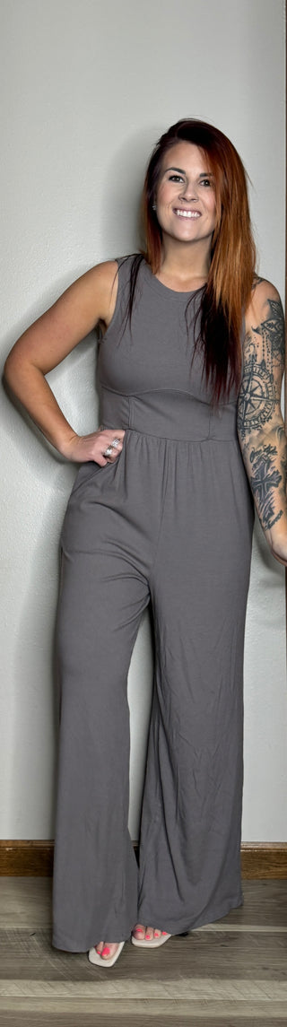 Gray Sleeveless Waist Detail Jumpsuit