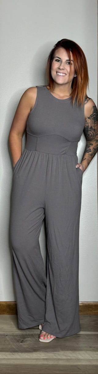 Gray Sleeveless Waist Detail Jumpsuit