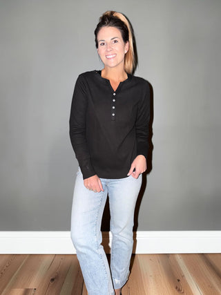 Black Split Buttoned Waffle Knit Henley