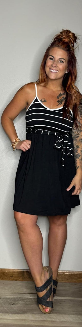 Black Striped Dress W/Tie Belt