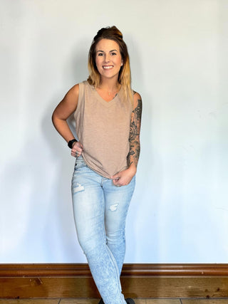 Taupe Ribbed V Neck Tank