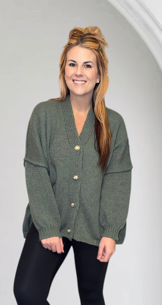 Green Oversized Button Cardigan Sweater