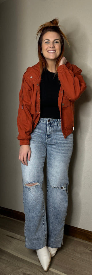 Rust Vintage Elastic Hemline Denim Jacket