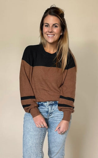 Brown Color Block Knit Striped Sleeve Sweater