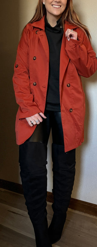 Rust Buttoned Oversized Trench Coat With Pockets