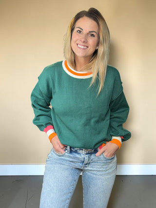 Hunter Green Colorblock Retro Striped Sweater