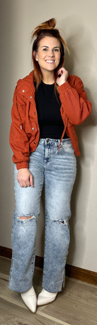 Rust Vintage Elastic Hemline Denim Jacket