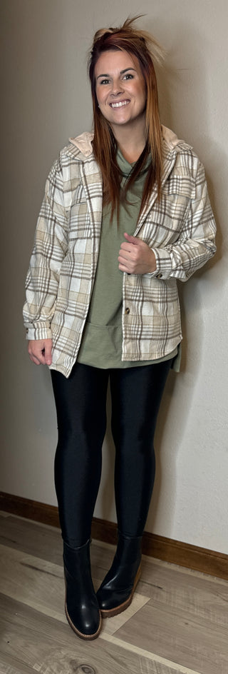 Khaki Plaid Button Up Hooded Shacket