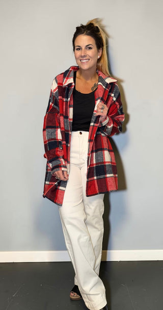 Red Plaid Button Shacket