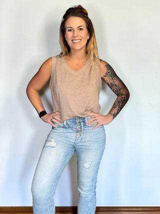 Taupe Ribbed V Neck Tank