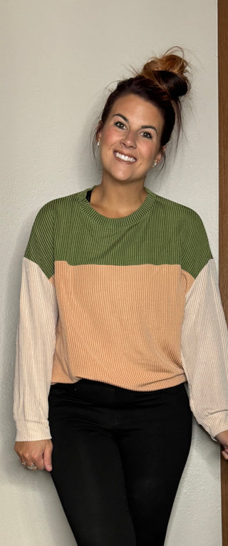 Green Colorblock Contrast Long Sleeve Ribbed Sweater