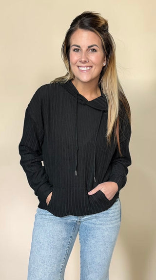 Black Ribbed Drawstring Hoodie