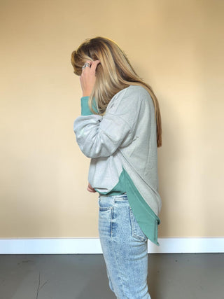 Gray Long Sleeve Top With Green Trim Detail